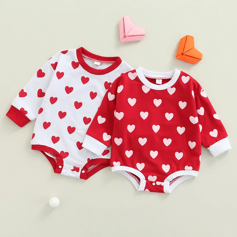 

Newborn Baby Girl Valentines Day Outfit Infant Heart Print Bodysuit Oversized Romper Sweatshirt Girls Clothes for Babies 0-24M