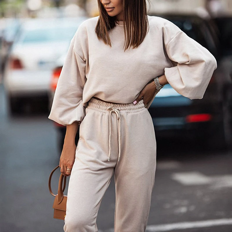 

New Crew Neck Pullover & Drawstring Pants Suits Women Fashion Loose Solid Tracksuit Sets Autumn Long Sleeve Sweatshirt Outfits