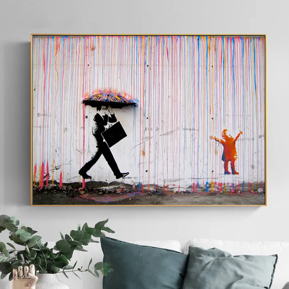 

Graffiti Banksy Art Posters Walking In The Rain Street Abstract Wall Art Canvas Paintings And Prints Wall Art Living Room Decor