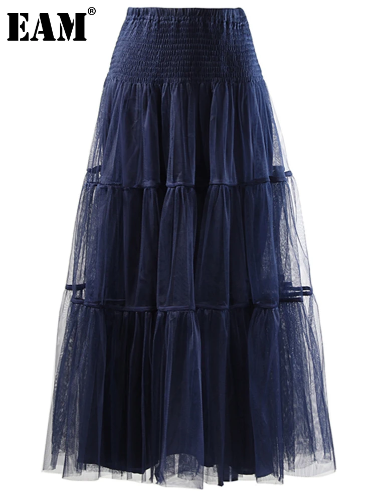 

[EAM] High Waist Dark Blue Mesh Two Layers Long Holiday Half-body Skirt Women Fashion Tide New Spring Autumn 2022 1DE3613