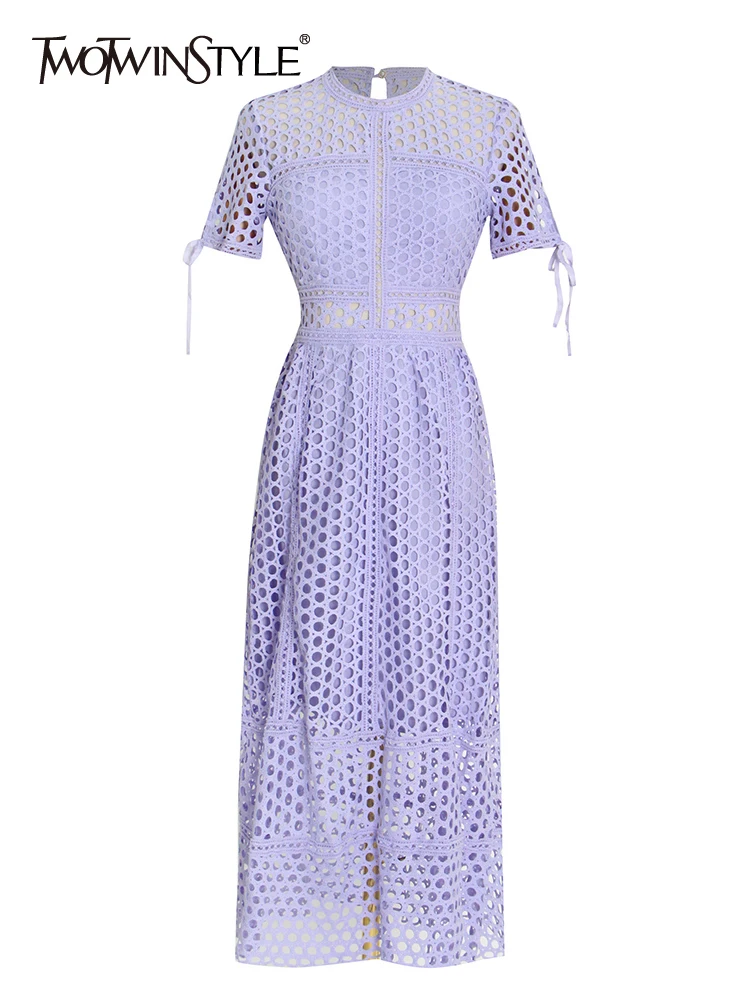 

TWOTWINSTYLE Elegant Cut Out Solid Dress For Women Round Neck Short Sleeve High Waist Minimalist Midi Dresses Female Summer New