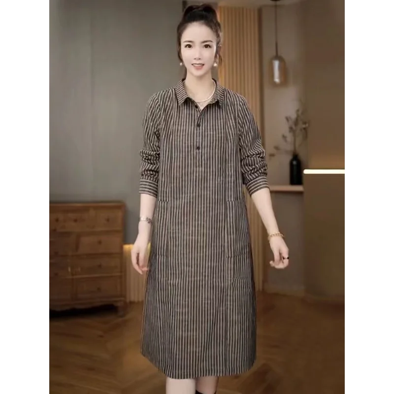 

Женские платья в полоску с длинным рукавом, Свободный Повседневный пуловер, платье средней длины, элегантные женские платья в строчку, 2023