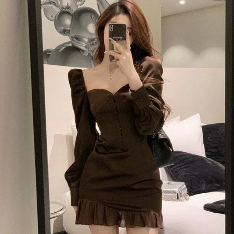 

Dress Women Square Collar Minimalist A-line All-match Ruffles Popular Pure Korean Style Female Autumn Tender Casual Elegant Cozy