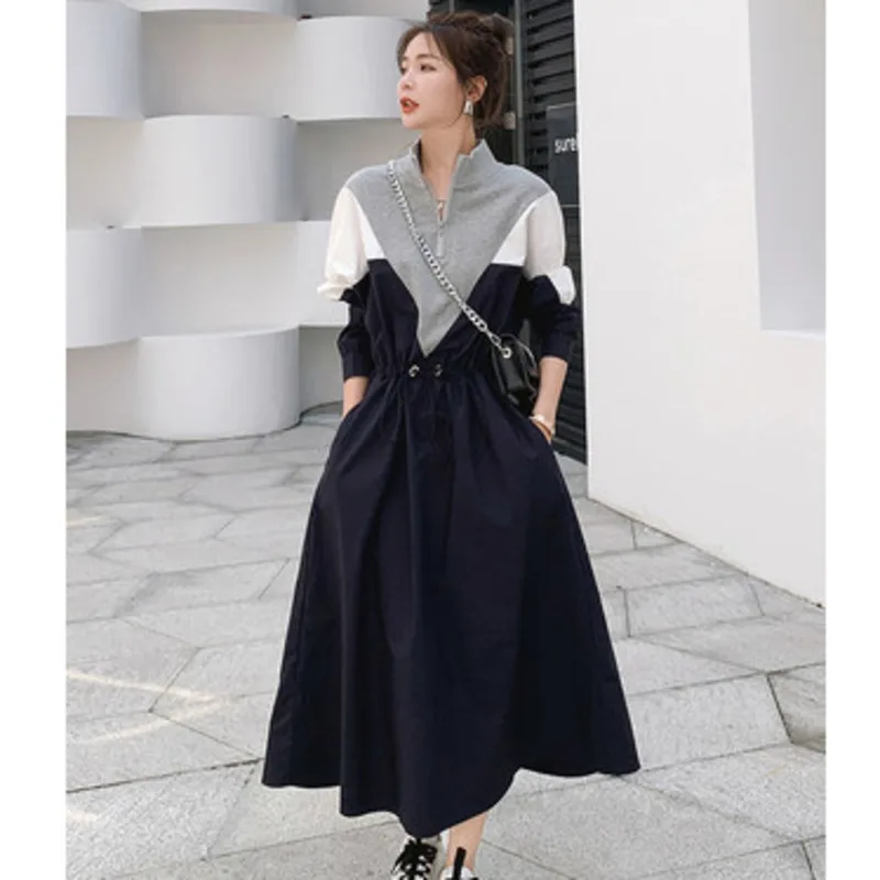 

2022 Spring Korean Long-sleeve Mid-length Hoodie Skirt Women Fashion Casual Contrast Color Drawstring Stitching Dresses Female