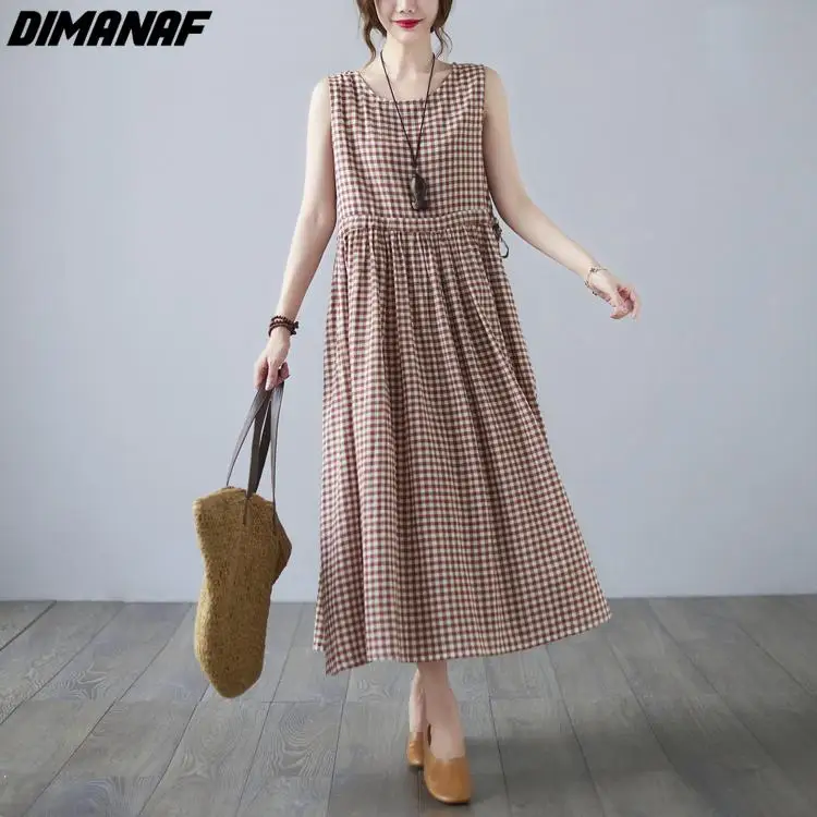 Женское длинное платье без рукавов Dimanaf свободное винтажное в клетку Пляжное