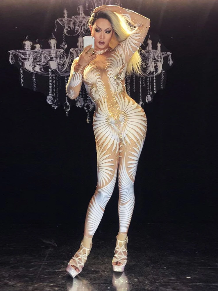 

Сетчатый прозрачный облегающий костюм с принтом бриллиантов, водолазка, корсет с длинным рукавом, женские комбинезоны до щиколотки, летний ...