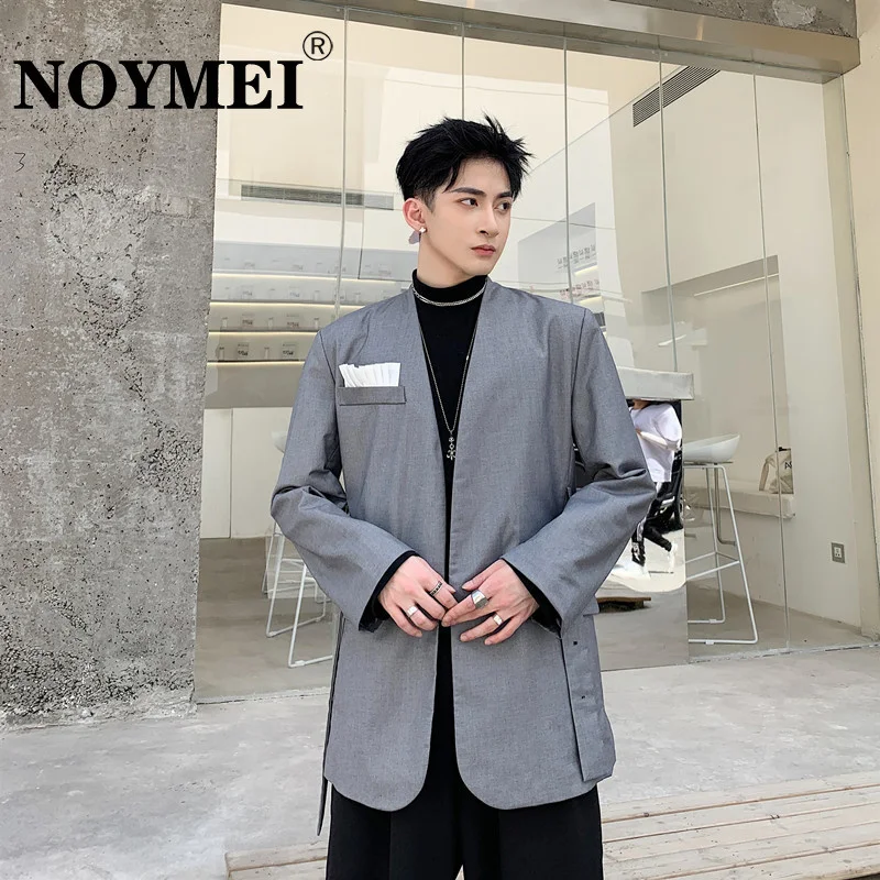 

NOYMEI All-macth 2023 New Men Autumn Simple V-neck Split Lace Up Fashion Suit Coat Single Button Temperament Korean Blazer WA632