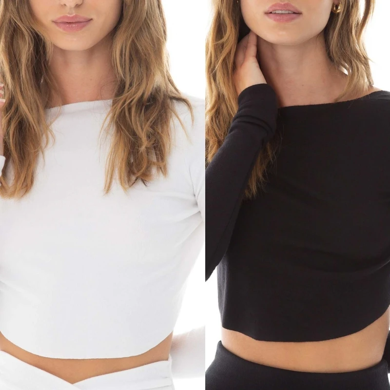 

Women Long Sleeve Backless Skinny Crop Top Round Neck Sexy Cutout Bodycon Shirts M6CD