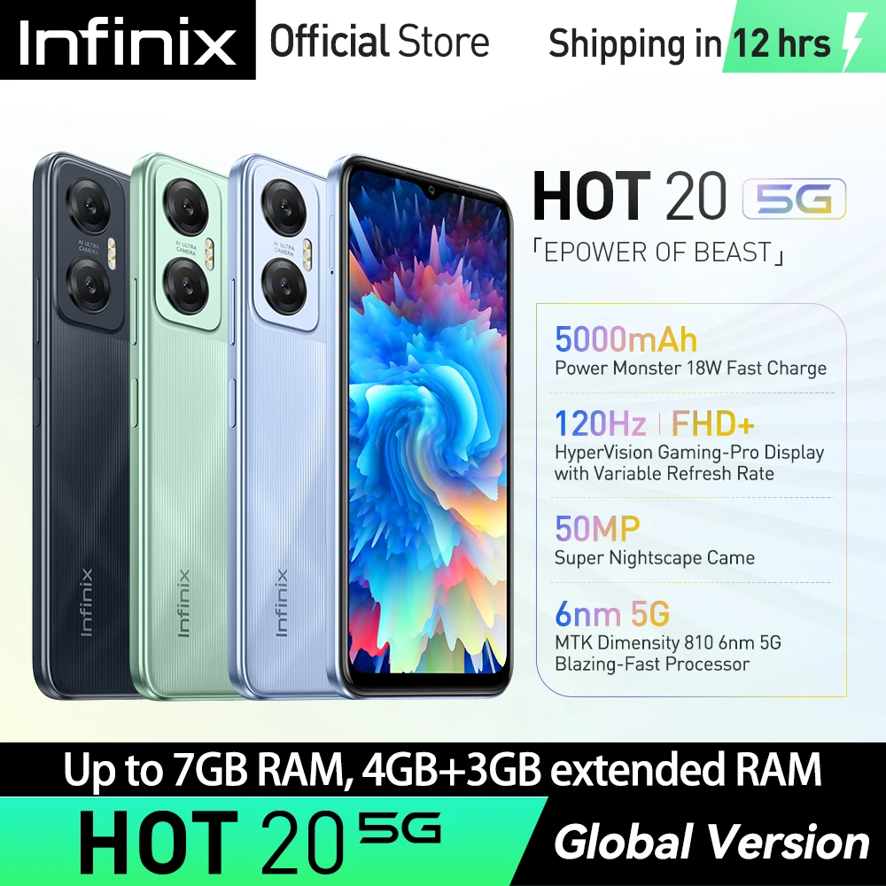  World Premiere infinix Hot 20 5G NFC Smartphone Dimensity 810 6nm 5G Processor 6.6\" 120Hz FHD+ Display 50MP 18W Mobile Phone 