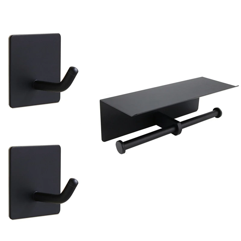 

Black Stainless Steel Toilet Double Roll Tissue Holder, Toilet Cell Phone Tissue Holder With 2 Bathroom Towel Coat Hooks