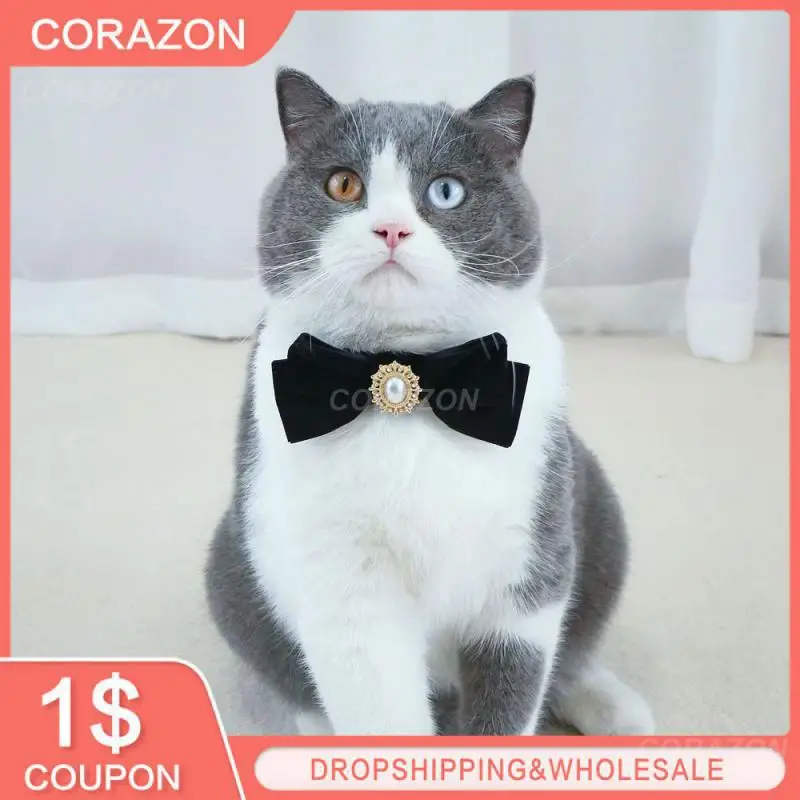 

Retro Cats Collars Velvet Kitten Bowknot Bow Tie With Pearl Adjustable Anti-suffocation Puppy Necklace Pets Party Accessories