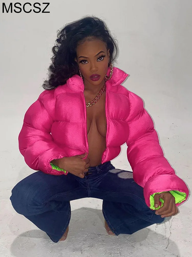Winter Puffer Jacket Women 2022 Fashion Warm Parka Zip Up Cropped Quilted Jacket Coat Y2K Streetwear barbiecore