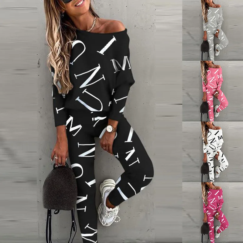 

2023 Spring Casual Outfit Letters Print Long Sleeve Off-Shoulder Top And Pants Women Elegant Fashion Casual Loose 2 Pieces Sets