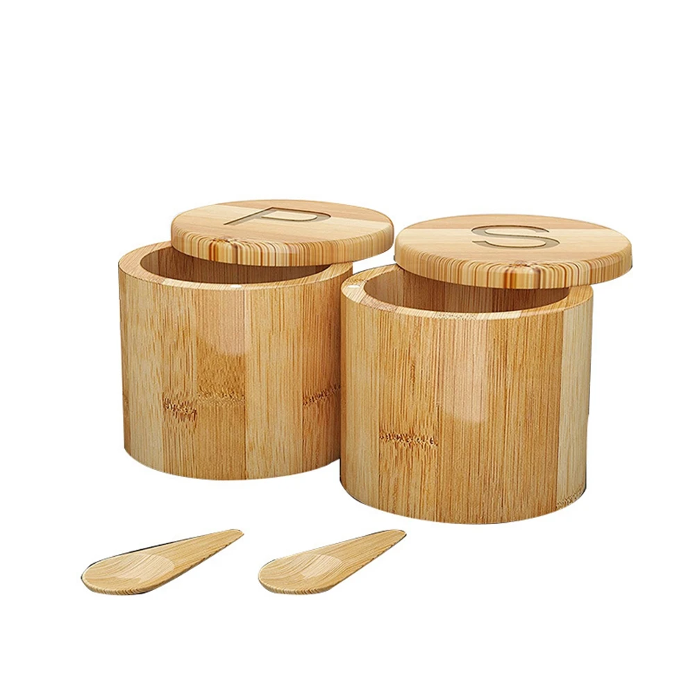 

Bamboo Salt and Pepper Cellar,Spice Containers,Swivel Lids - 2 Boxes with Spoons - Engraved with S and P