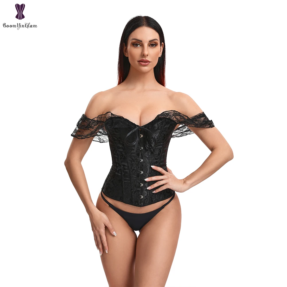 Women Lace Short Sleeve Corset White Black Red Waist Bustier Tops Overbust Korset