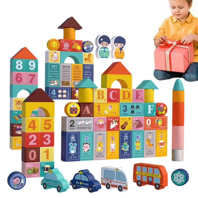 

Wooden Blocks 100 PCS Wood Toy English Alphabet Letter Number Building Blocks Preschool Educational Toys For Boys And Girls