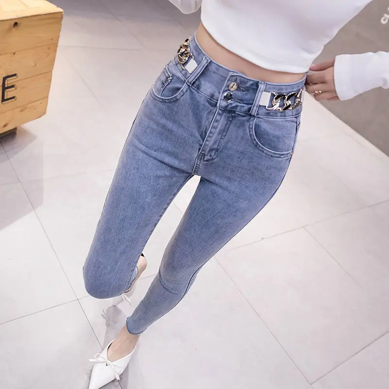 

Women Fashion High Waist Elastic Skinny Jeans Female Denim Pencil Pants Ladies Fashion Autumn Streetwear Pockets Trousers G36