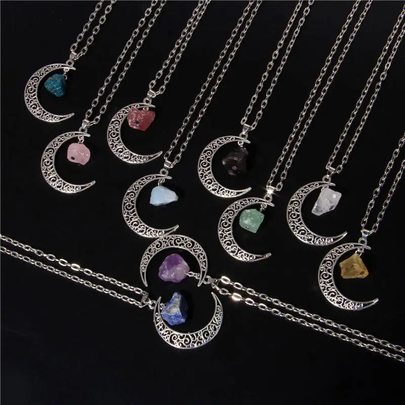 Silvery Color Crescent Moon Pendant Healing Crystals Stones Bead Raw Gemstone Charm Necklaces