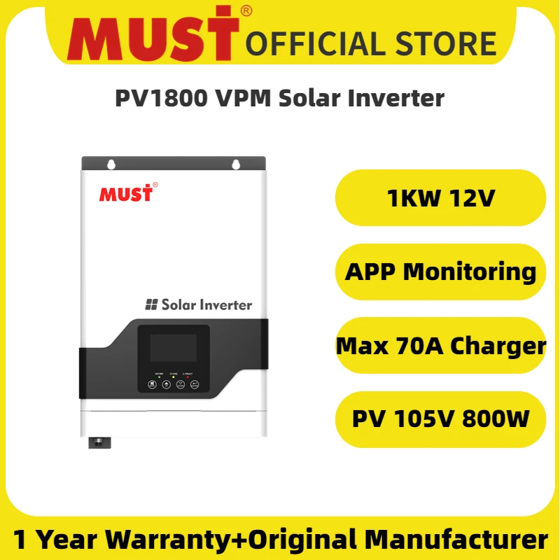 

MUST MPPT 1KW Hybrid Off Grid Solar Inverter PV1800 VPM 12V 1000W For Home Built In 70A Controller High Frequency With WiFi-PLUG