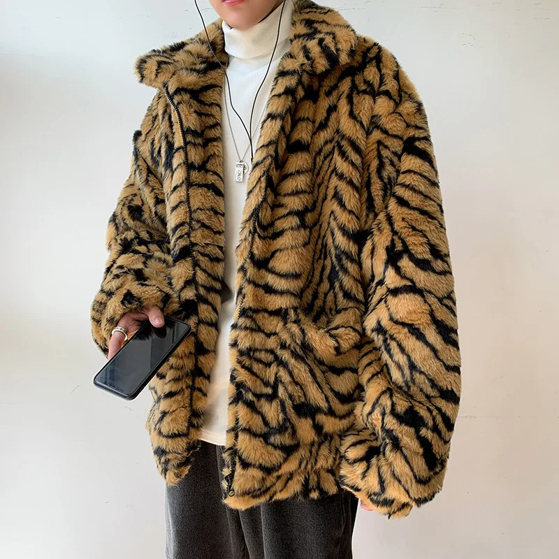 

Warm Retro Winter Fashion Jacket Stripe Men Thickened Fur Jacket Men Streetwear Korean Loose Thick Plush Short Coat Mens Clothes