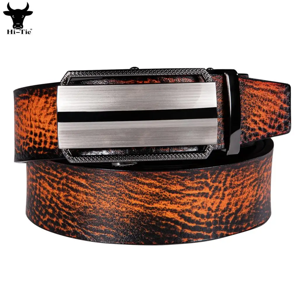 Hi-Tie Brown Tan Genuine Leather Mens Belts Designer Automatic Buckles Ratchet Waist Belt for Men Dress Jeans Casual Formal Gift