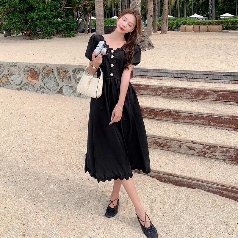 

Women Plus Size 4XL 2022 Vintage 90S Party Black Dress Puff Short Sleeve Pearl Buttons V Neck Elegant Dresses Summer Beach Cloth
