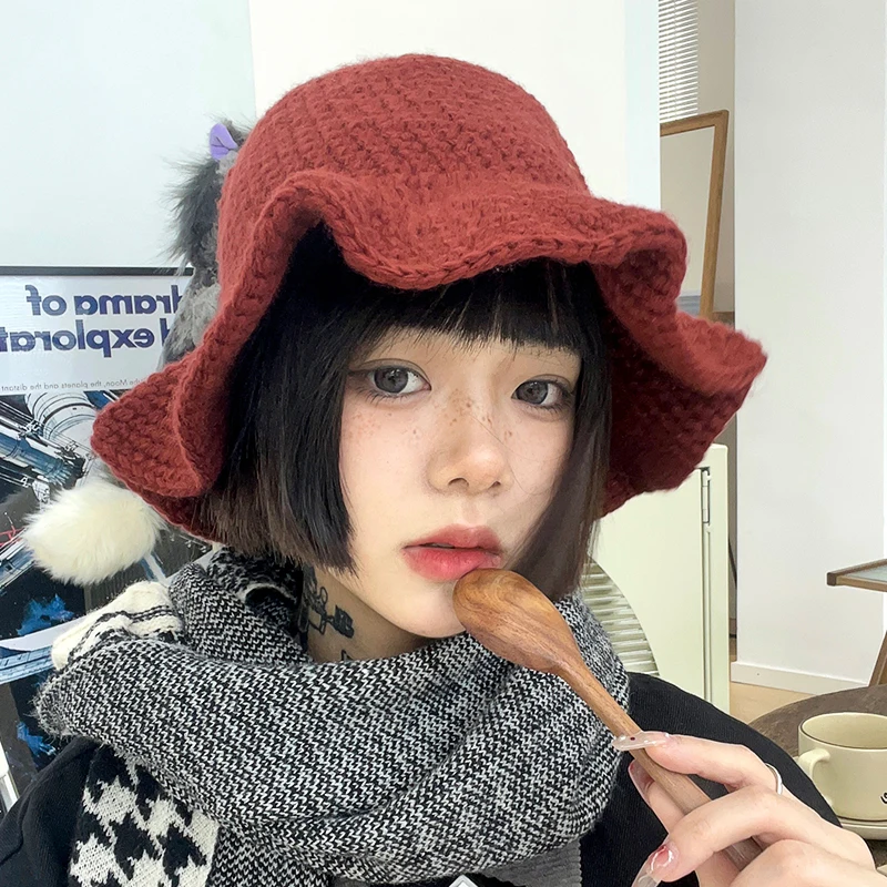 

Теплая шерстяная шапка в Корейском стиле с изображением сказочных деревянных ушей для осени и зимы, Женская Милая Красная шляпа в рыбацком ...