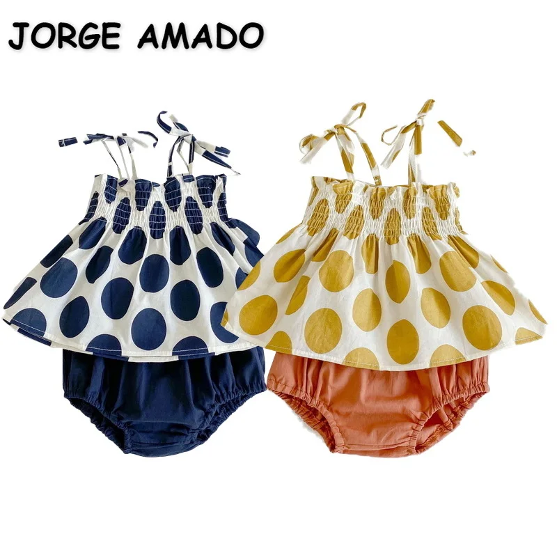 

2022 Summer Baby Girl 2pcs Sets Square Collar Blue Yellow Dot Sleeveless Sling Shirts Tank Tops+PP Shorts Newborn Outfits E6107