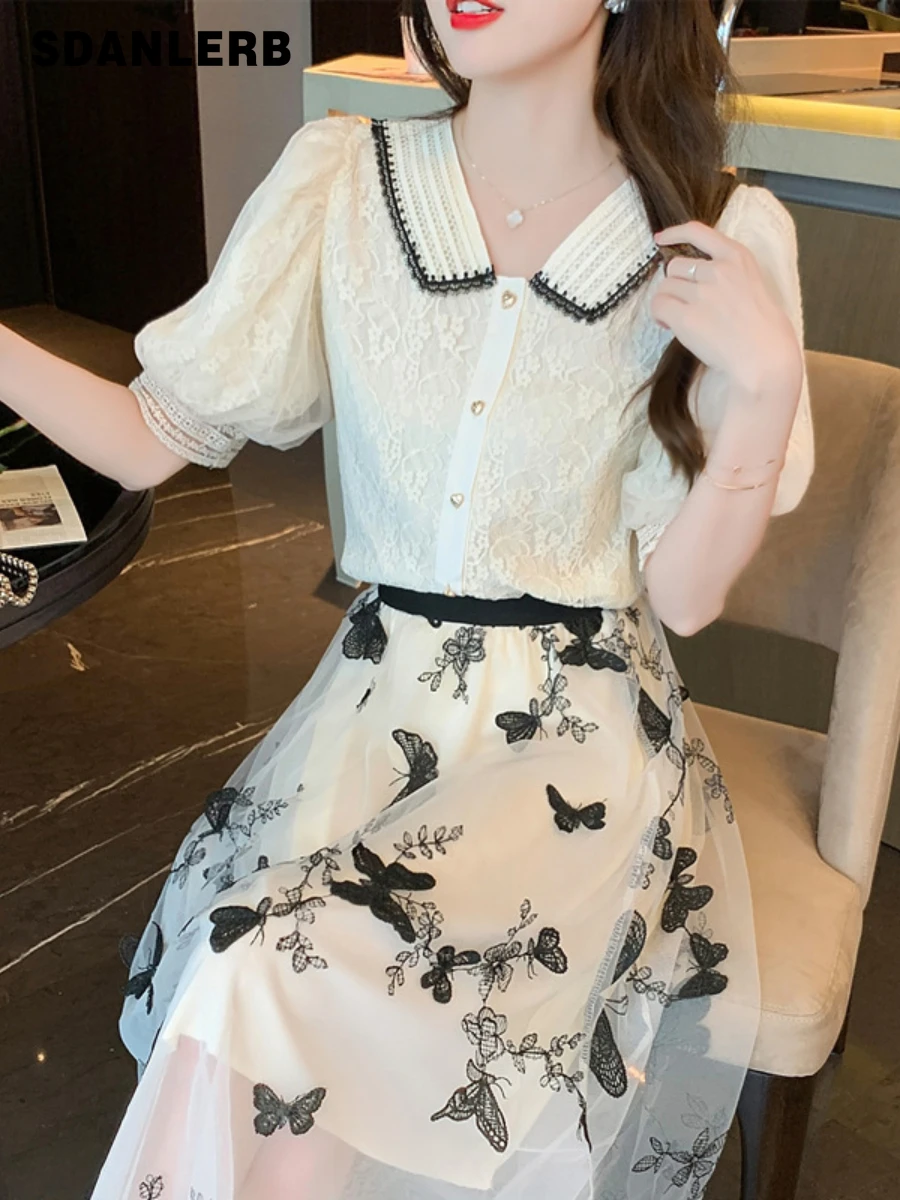 

Новинка 2022, модная одежда, женская летняя кружевная рубашка, топ с коротким рукавом, темпераментная приталенная юбка средней длины, комплек...