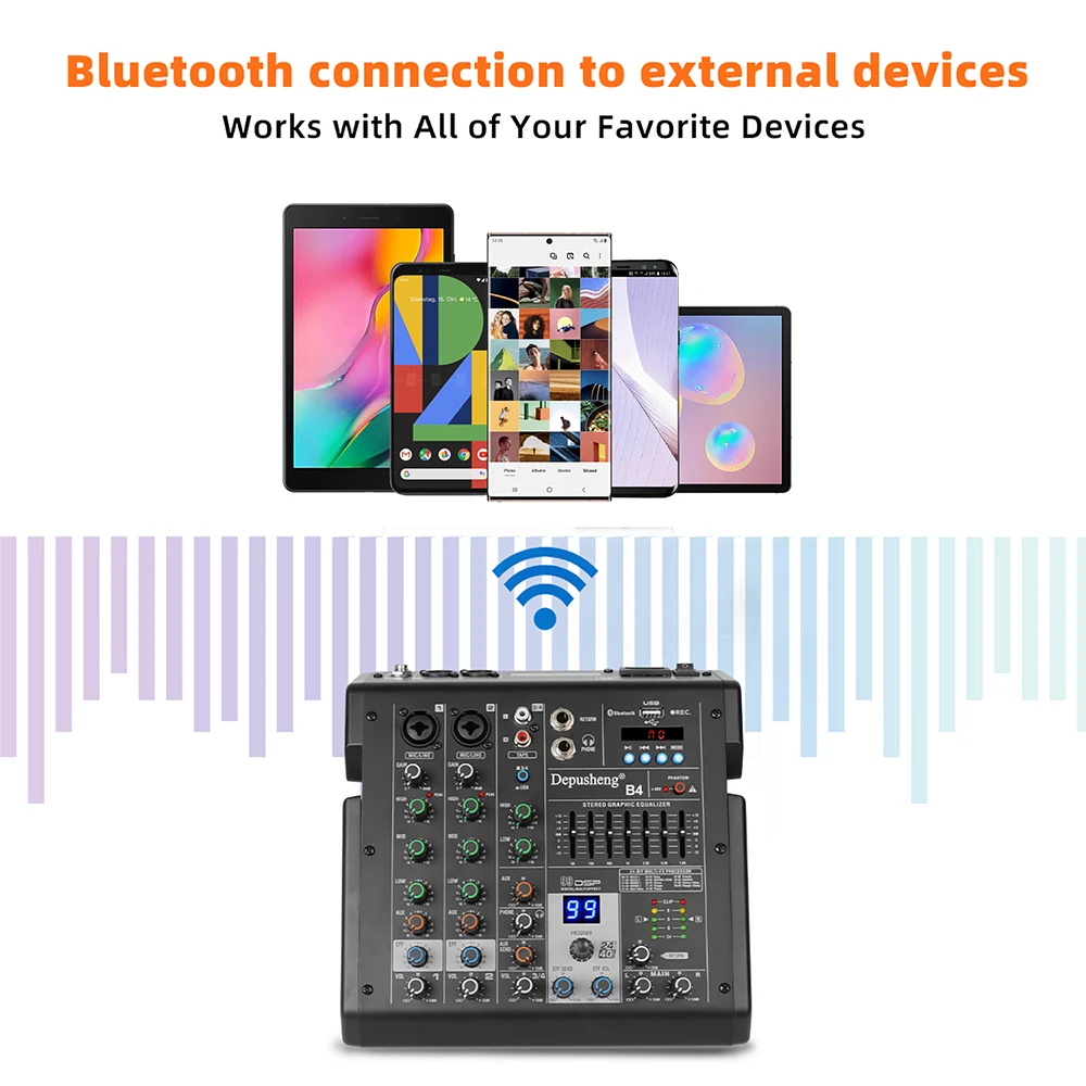 Фото 2-канальный аудиомикшер, аудиоинтерфейс с Bluetooth, USB-записью, компьютер, фантомные эффекты питания 48 В, домашняя студия, прямая доставка №4