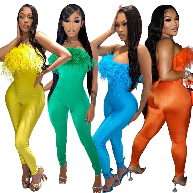 

Summer New Woman Jumpsuit Fashion Tube Top Slim Jumpsuit Sexy Feather Decoration Tight Woman Clothes