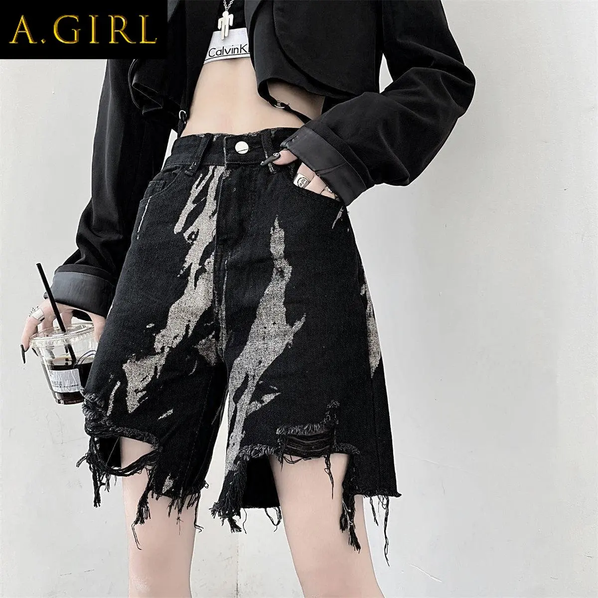 

A GIRLS Shorts Women Denim Harajuku Casual Summer Tie Dye Loose Fashion Wide Leg Tassel Pocket Vintage Y2k Streetwear Cool Baggy
