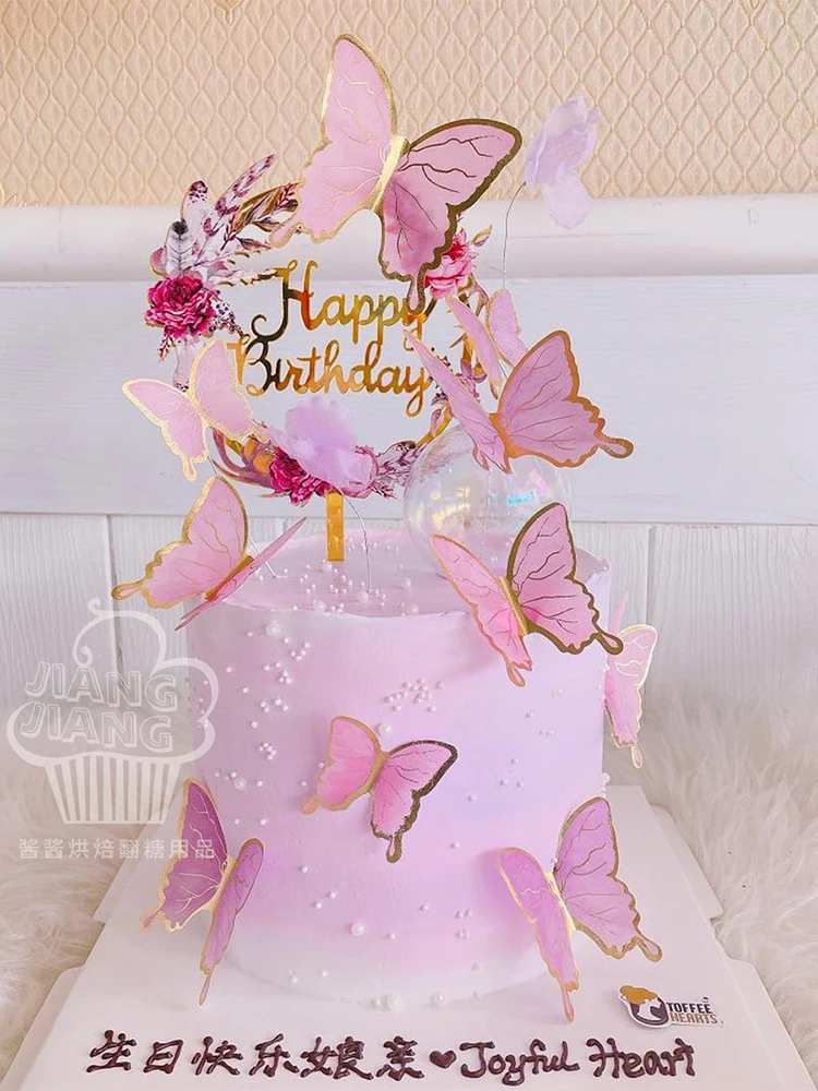 

Красочная розовая Золотая Бабочка торт на день рождения ручной работы Топпер свадебный десерт фотоподарок на день рождения