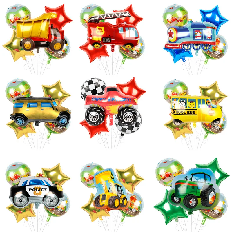 

6pcs/set Balloon Modeling Vehicles School Bus Police Car Engineering Vehicle Aluminum Balloon Birthday Party Set Decoration