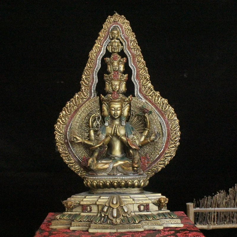 

18" Tibetan Temple Collection old bronze painted 1000 Arm Guanyin Thousand-headed Avalokitesvara Buddha Terrace worship buddha