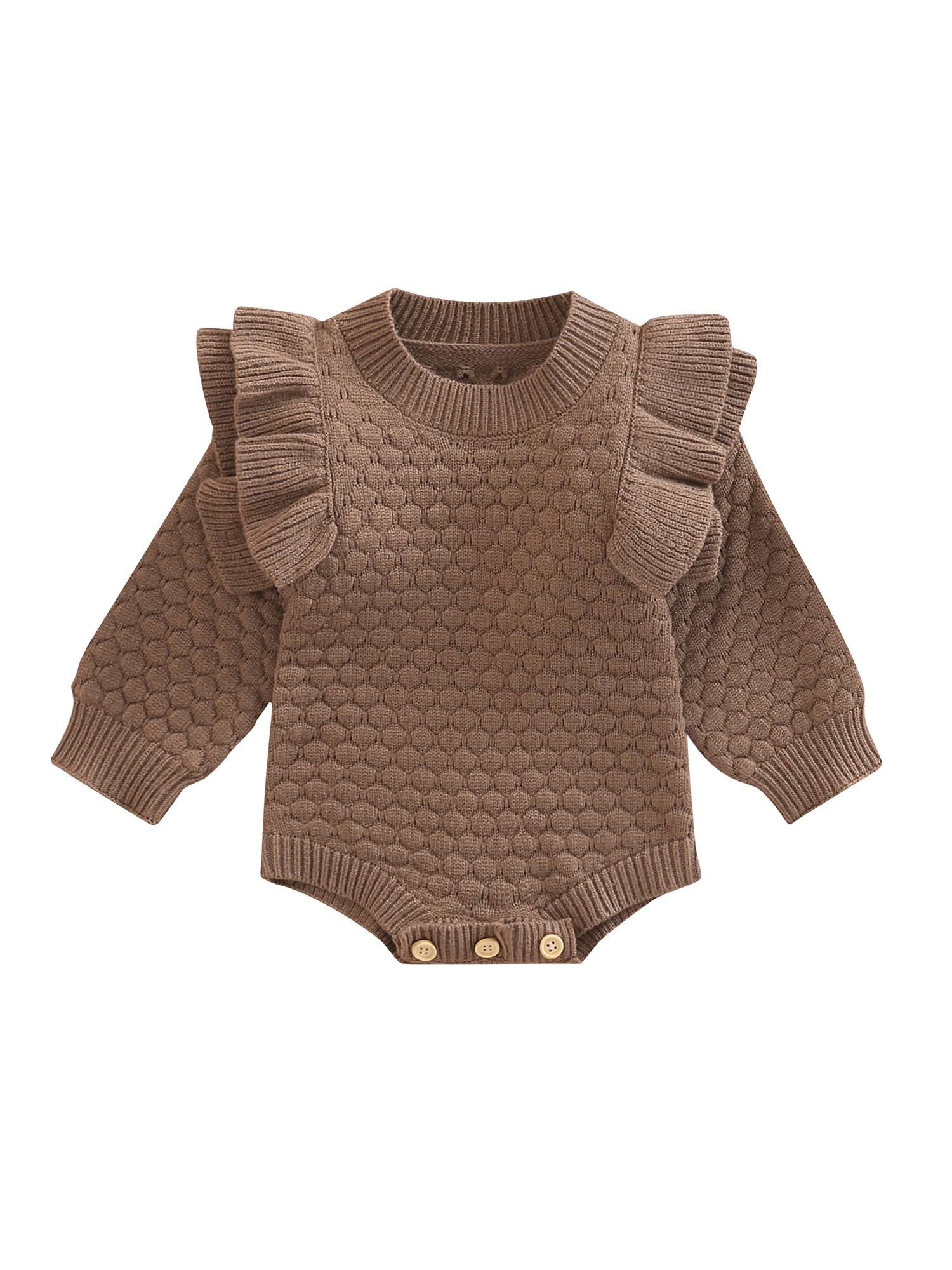 

Baby Girl Fall Outfits Ruffle Trim Knit Sweater Romper Fashion Long Sleeve Knitted Bodysuit