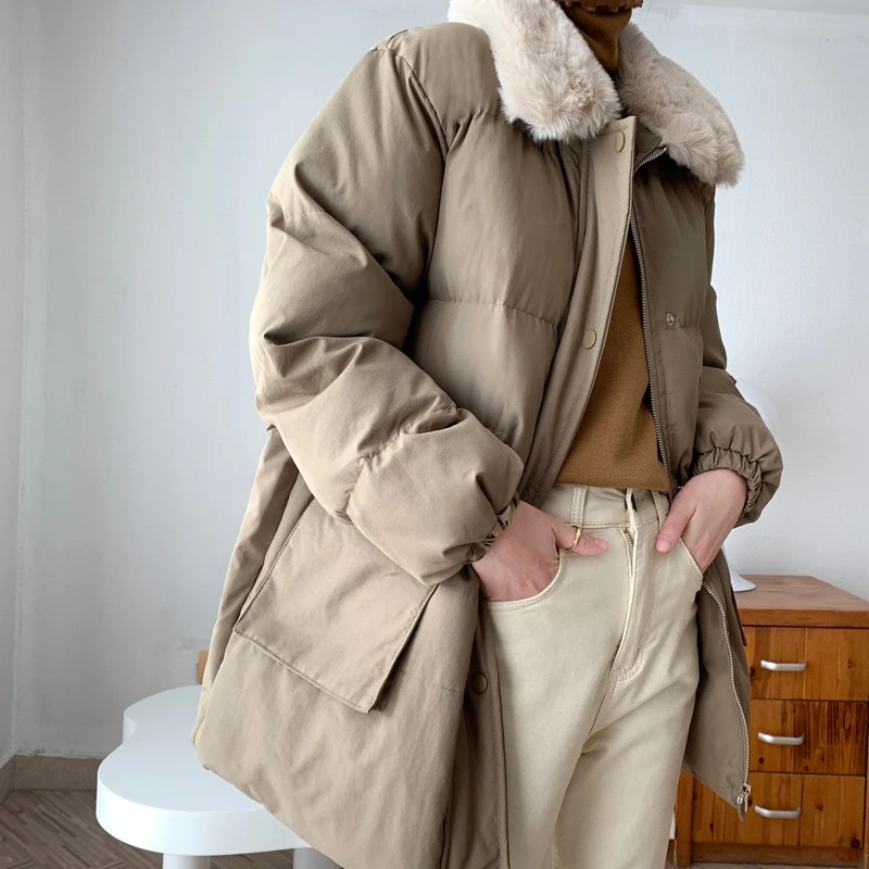 NEW 2023 Parkas Women Winter Faux Rabbit Fur Lapel Collar Windproof Short Cotton Coats Thick Warm Fashion Elegant Zipper Jacket