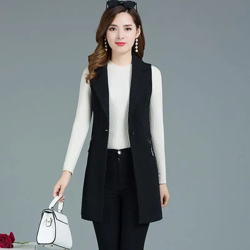 

Black Vest Women's Long Waistcoat Female Spring Sleeveless Blazer Suit Waistcoat Female