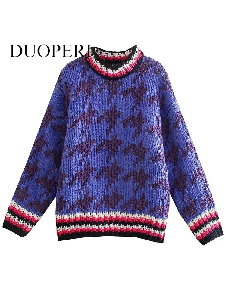 

DUOPERI Women Fashion Jacquard Printed Knitted Pullover Sweater Vintage O-Neck Long Sleeves Female Chic Lady Tops