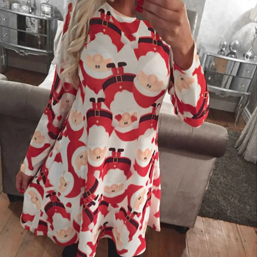 

New Fashion Christmas Multicolor Long Sleeve Casual O-Neck Girls Mini Dress spandex Family Clothes