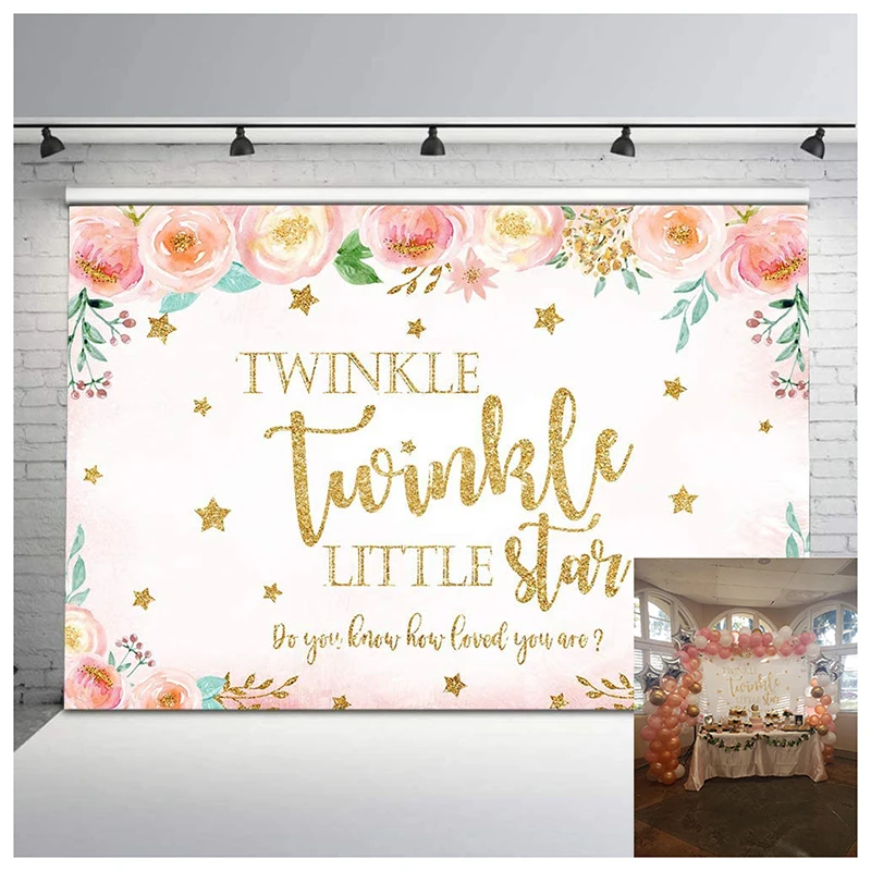 

Twinkle Twinkle Little Star Baby Shower Party Backdrop Watercolor Flower Gold Glitter Stars Birthday Photography Background