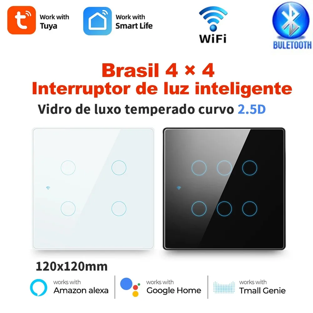 4x4 Tuya WiFi Brazil  Smart Light Switch 4/6 Gang Touch Wall 110-240V Screen Panel APP Neutral Wire Work with Alexa Google Home