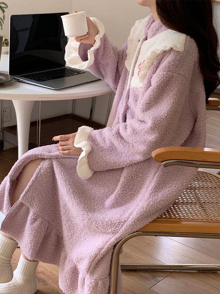 Полубархатная ночная рубашка осенне-зимняя женская кардиган коралловая