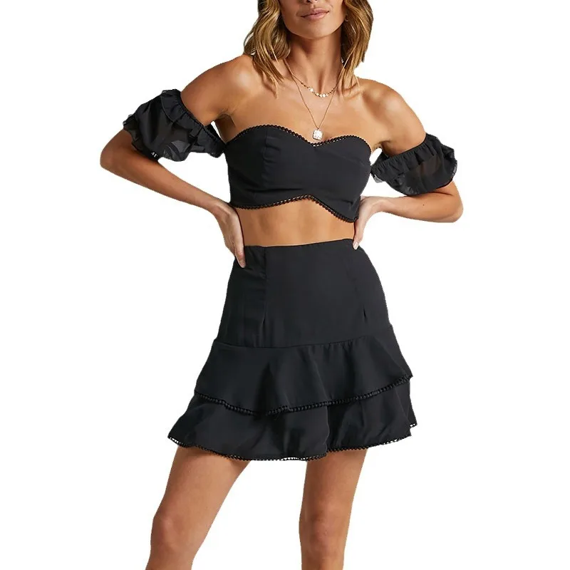 Женский топ с пышными рукавами и короткой юбкой высокой талией повседневный