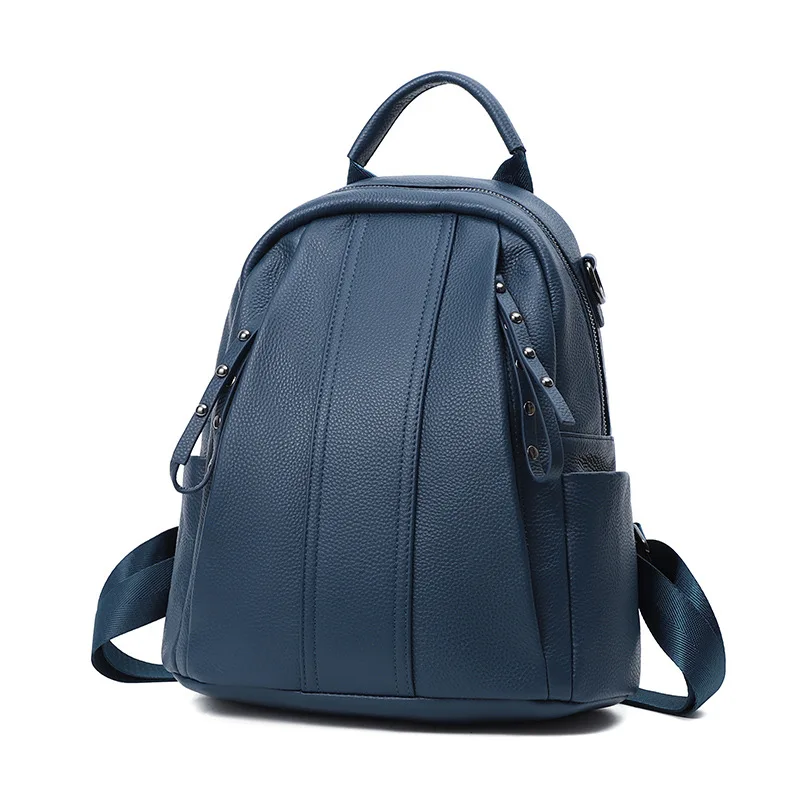 

Zipper Genuine Cow Leather Backpack for Women Fashion Rivet Simple Girl Satchel Female Shoulder Travel School Bag Rucksack Blue