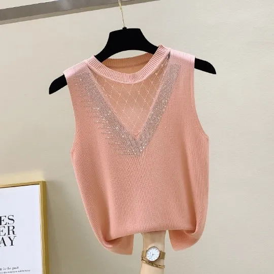 

Pink Sexy Lace Crystal Women Lady Summer Camisole Vest OL Sleeveless T-shirt Tops Cloth O-neck Camis Tank Top T Cheap Clothes