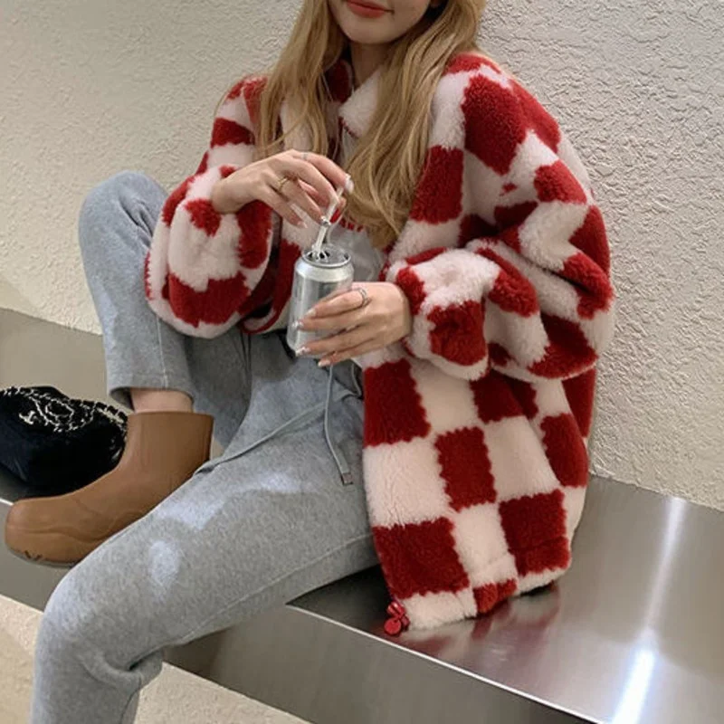 Checkerboard Women's Jacket Faux Fur Teddy Jacket New Retro Checkered Thicken Warm Jacket Ladies Fur Coat Winter Clothes Women