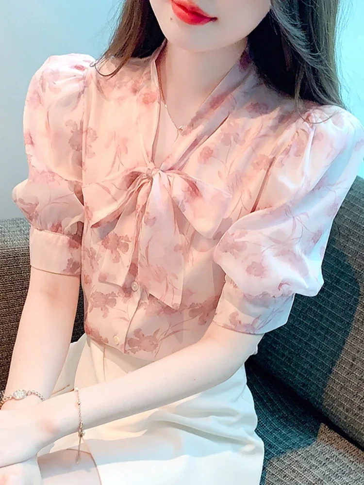 Летняя модная женская рубашка с коротким рукавом и воротником-бантом шифоновая