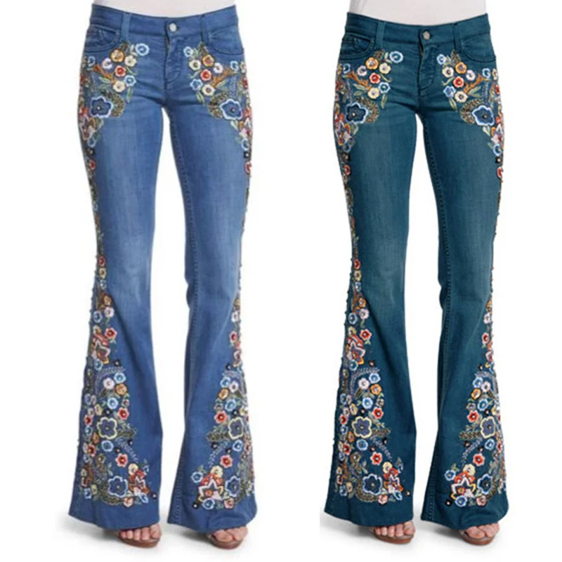 Women Jeans High-Rise Bell Bottom Flare Jeans Floral Embroidered Broad Feet Long Women Jeans High-Rise For Women B99