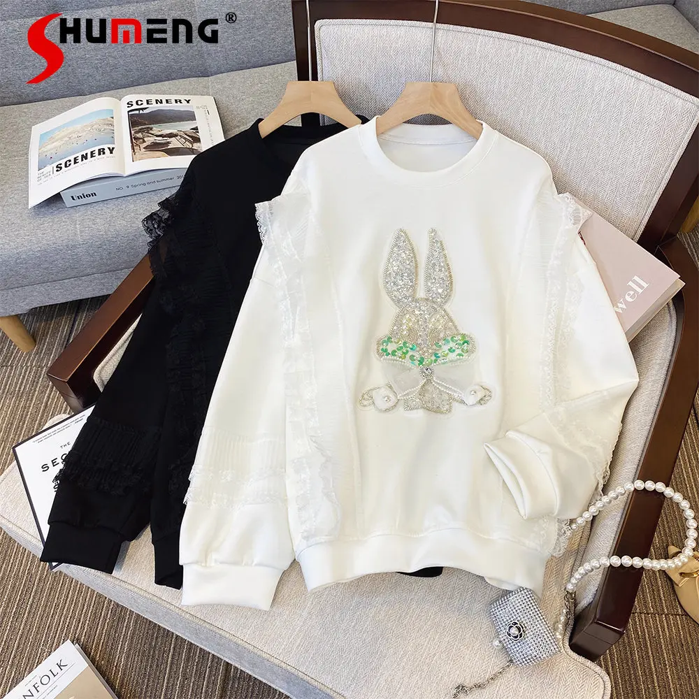

European Ladies Beads Sequined O-neck Pullover Sweatshirt Women's 2023 Spring New Fashion Elegant Loose Long Sleeve Hoodie Top